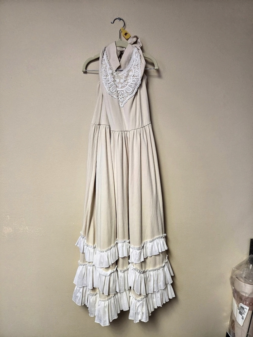 Trish Scully Lace Bib Ruffle Maxi Dress in Cream Size 12